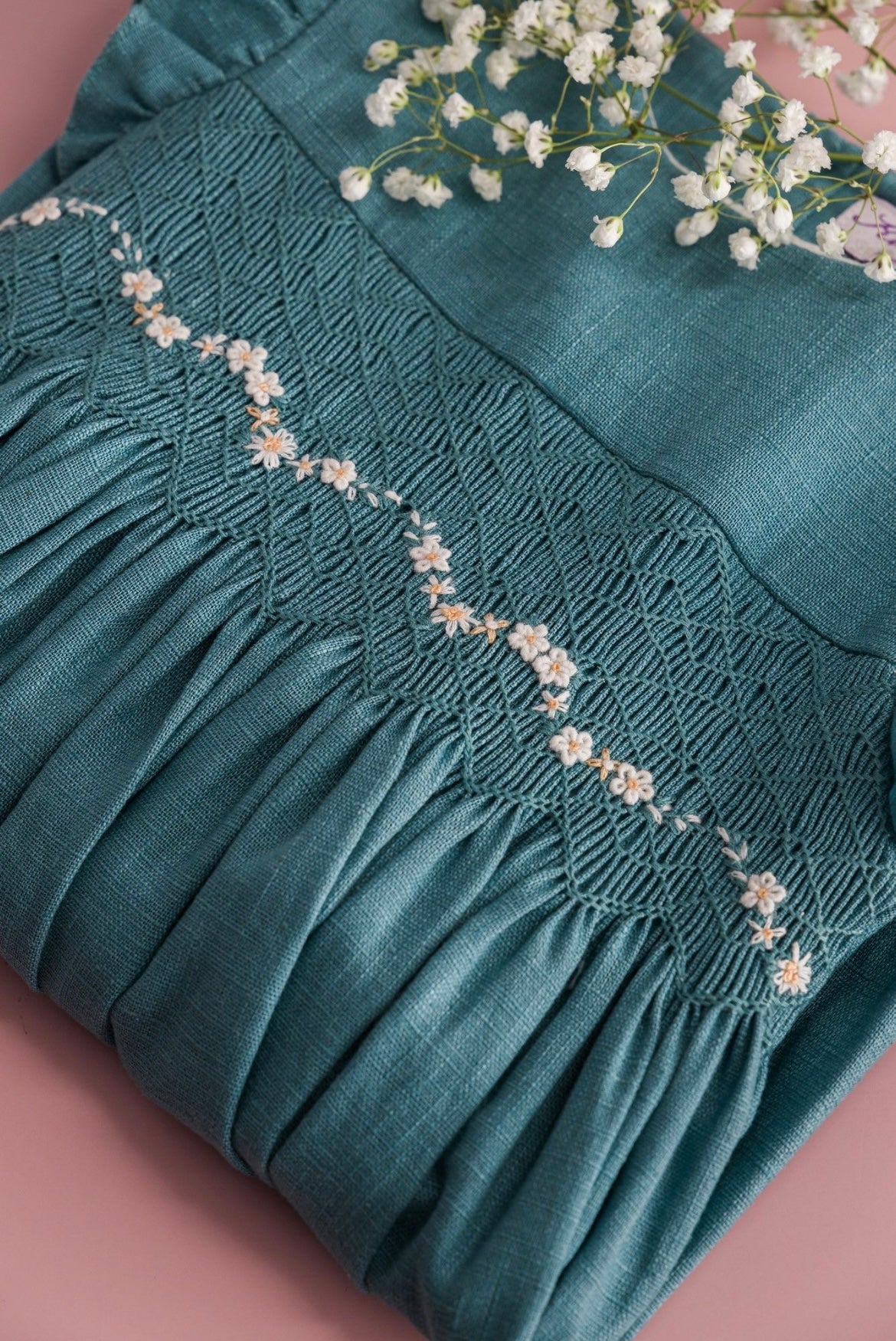 Kidiwi girls teal blue smocked linen dress