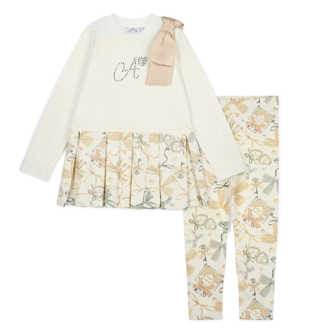 PRE ORDER - Adee Blake beige bow print peplum legging set