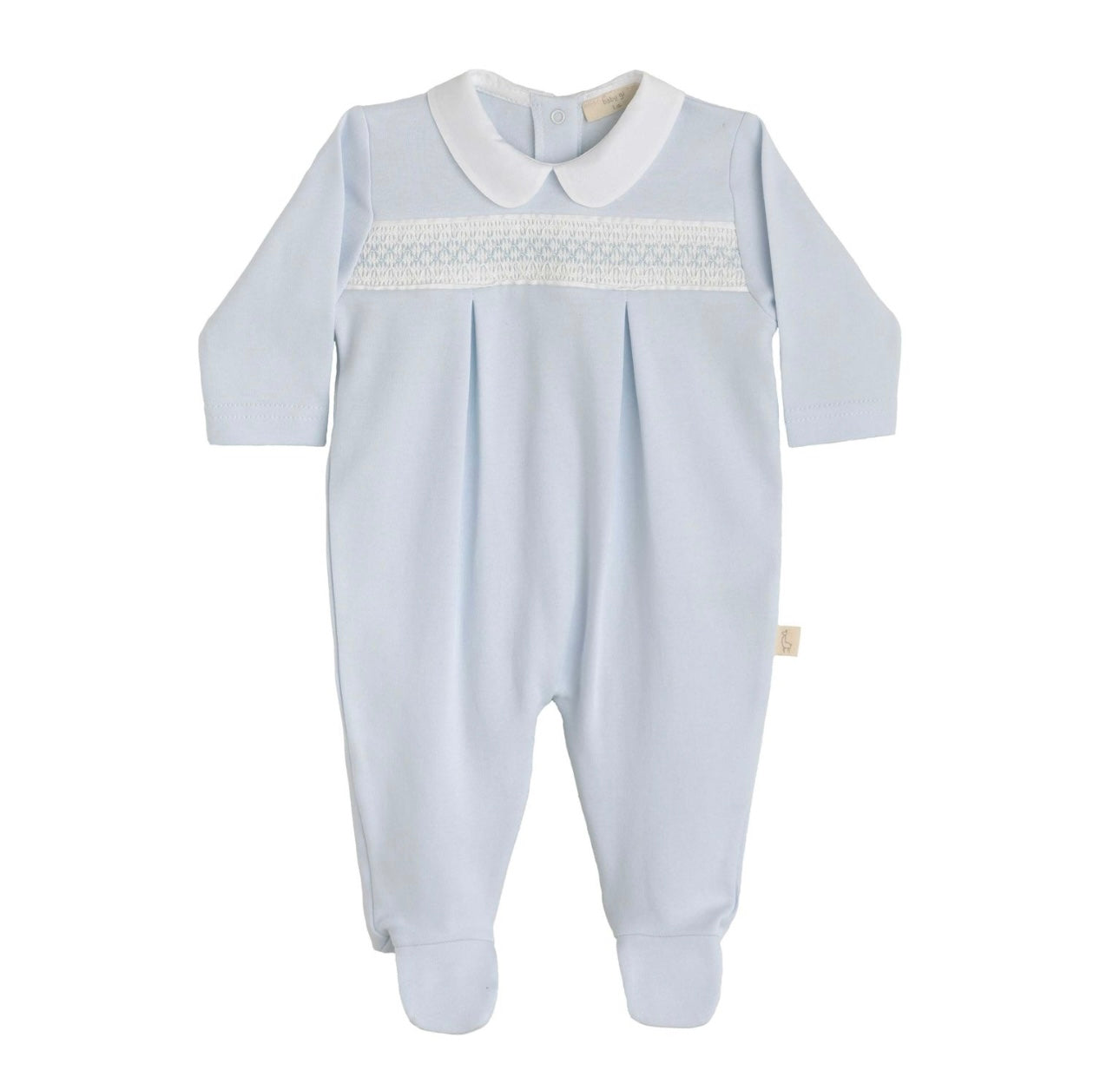 Baby Gi blue & white cotton smocked babygrow