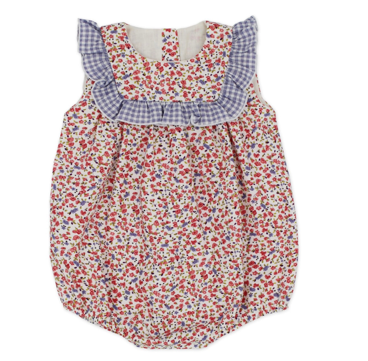 Rapife blue & red floral and check frilled romper