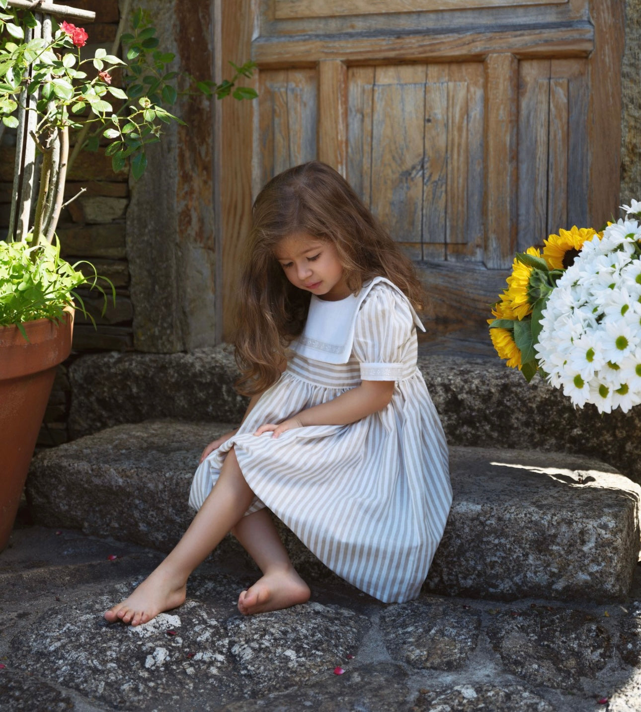 Deolinda girls beige & white stripe sailor dress