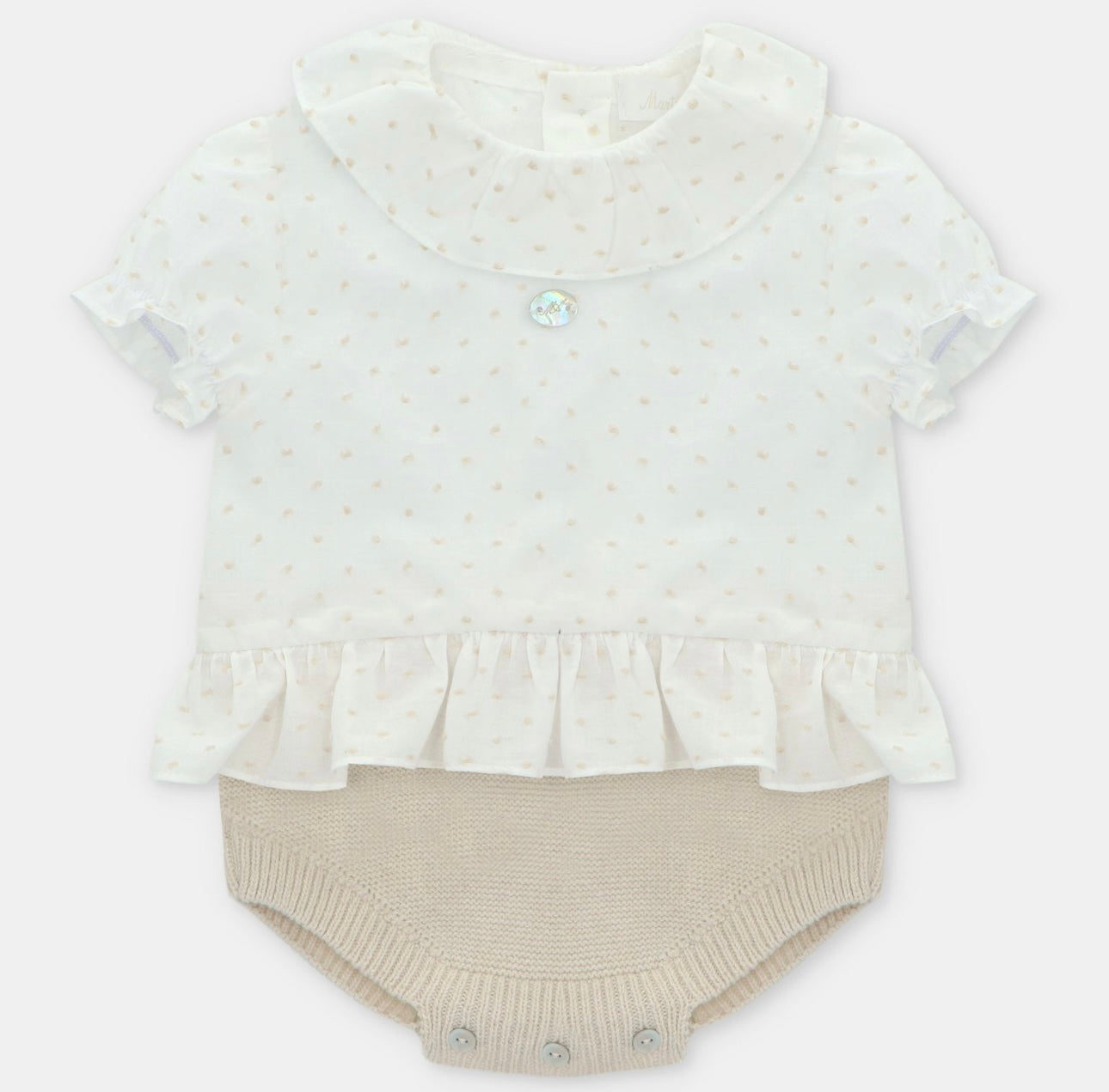 Martin Aranda beige & white polka dot half knit romper