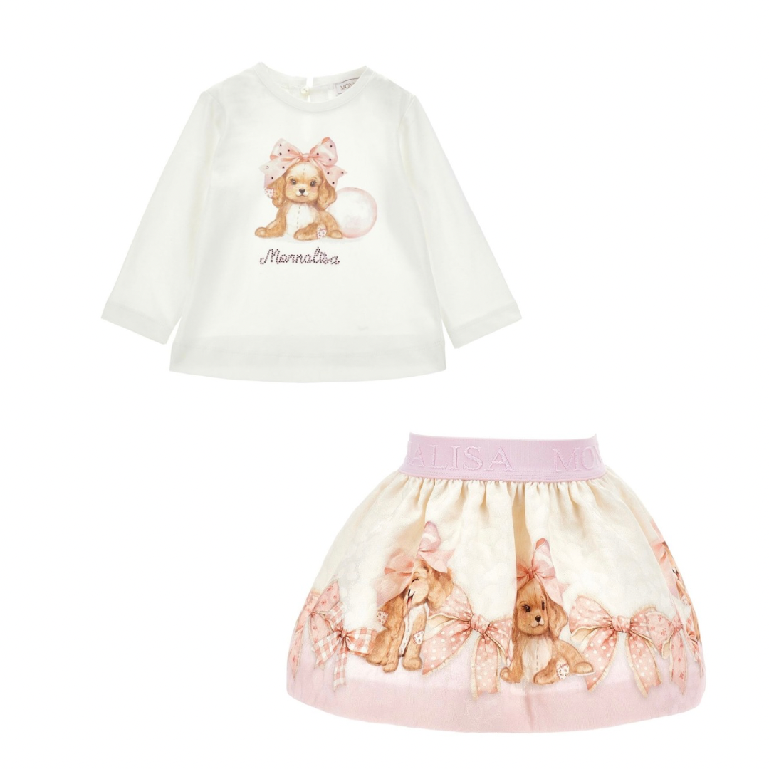 monnalisa pink & white bow puppy skirt set