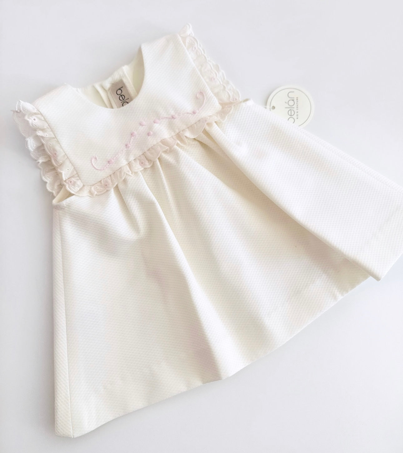 Belan couture cream & pink embroidered cotton dress