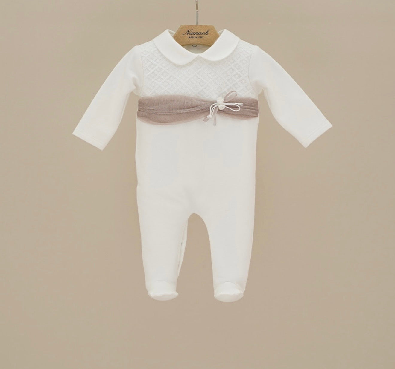 PRE ORDER - Ninnaoh beige sash lace babygrow