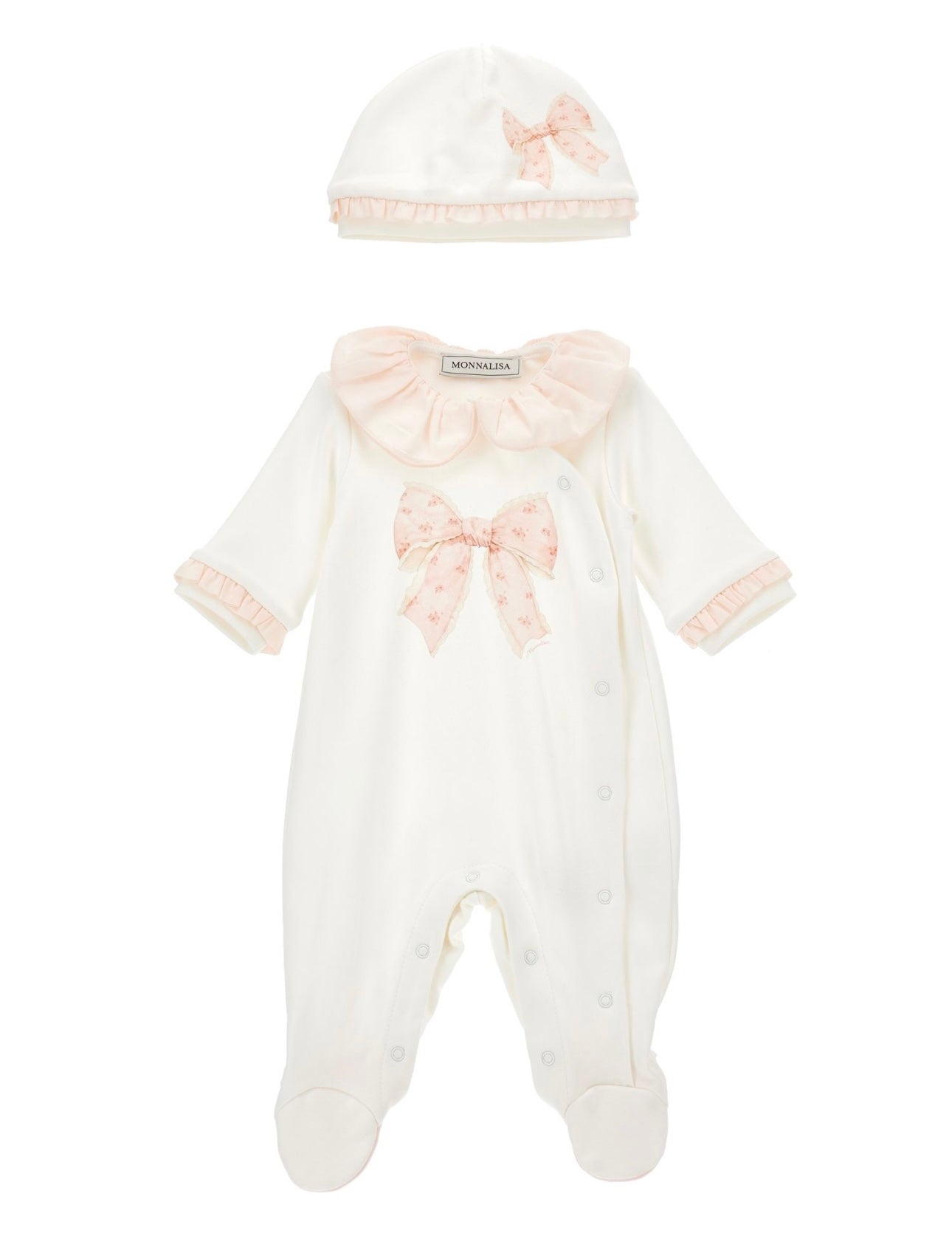 Monnalisa pink & white frilled baby grow & hat set