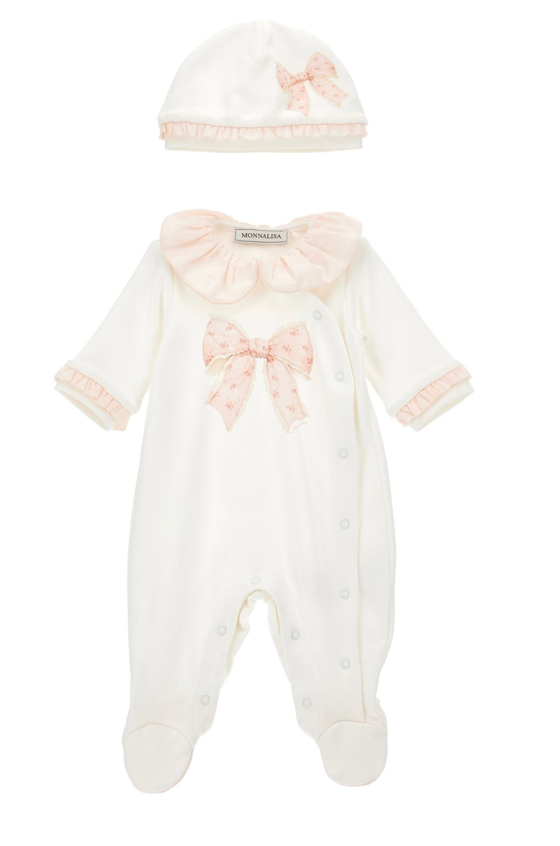 Monnalisa pink & white bow babygrow and hat set