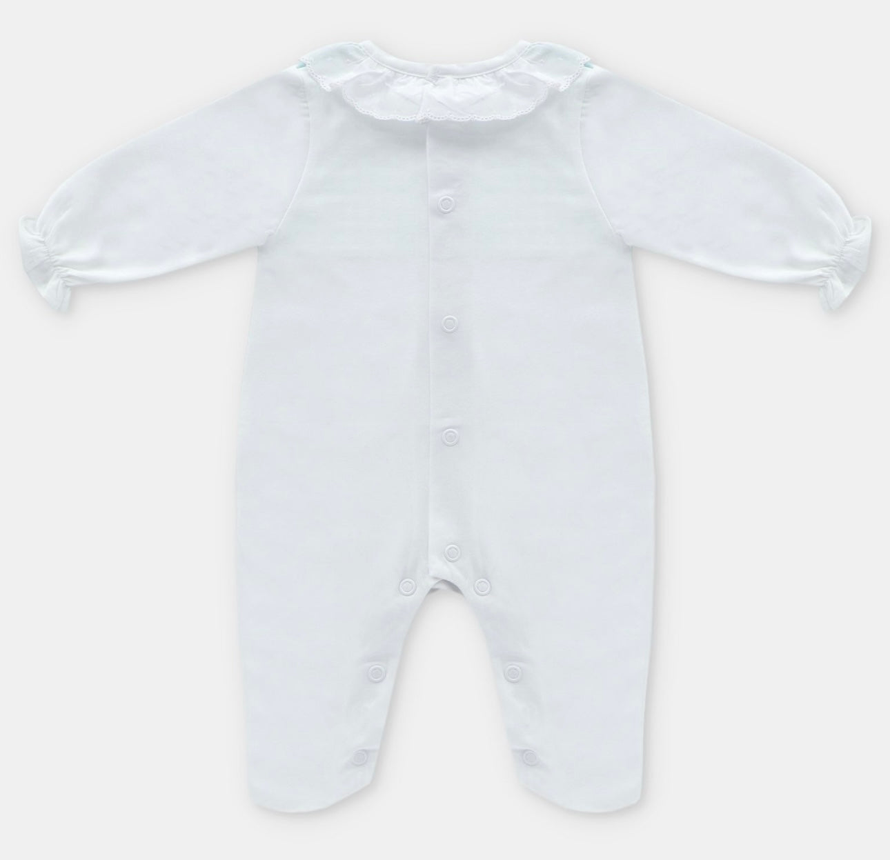 Martin Aranda aqua blue gingham and white frilled babygrow