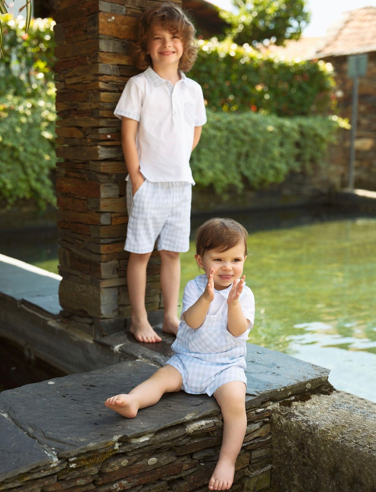 Deolinda boys blue & white gingham romper set