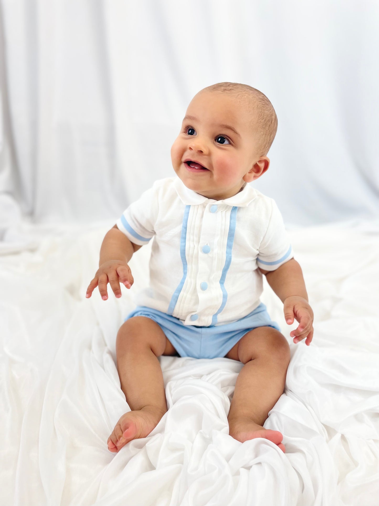 Chic by Deolinda boys white and blue linen shirt & short set