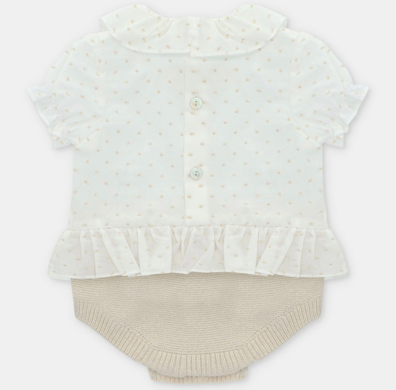 Martin Aranda beige & white polka dot half knit romper