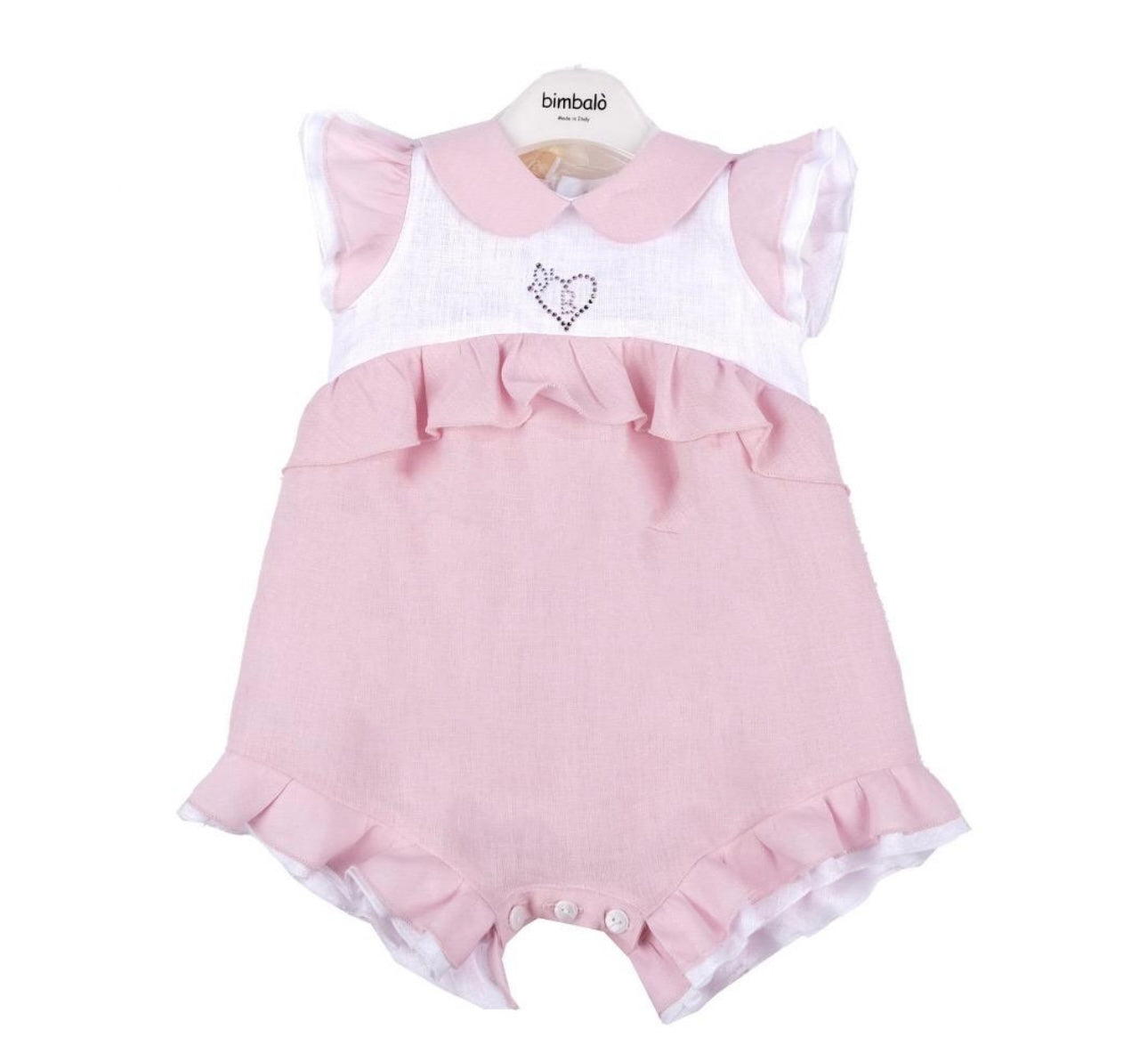 Bimbalo pink & white linen frilled romper