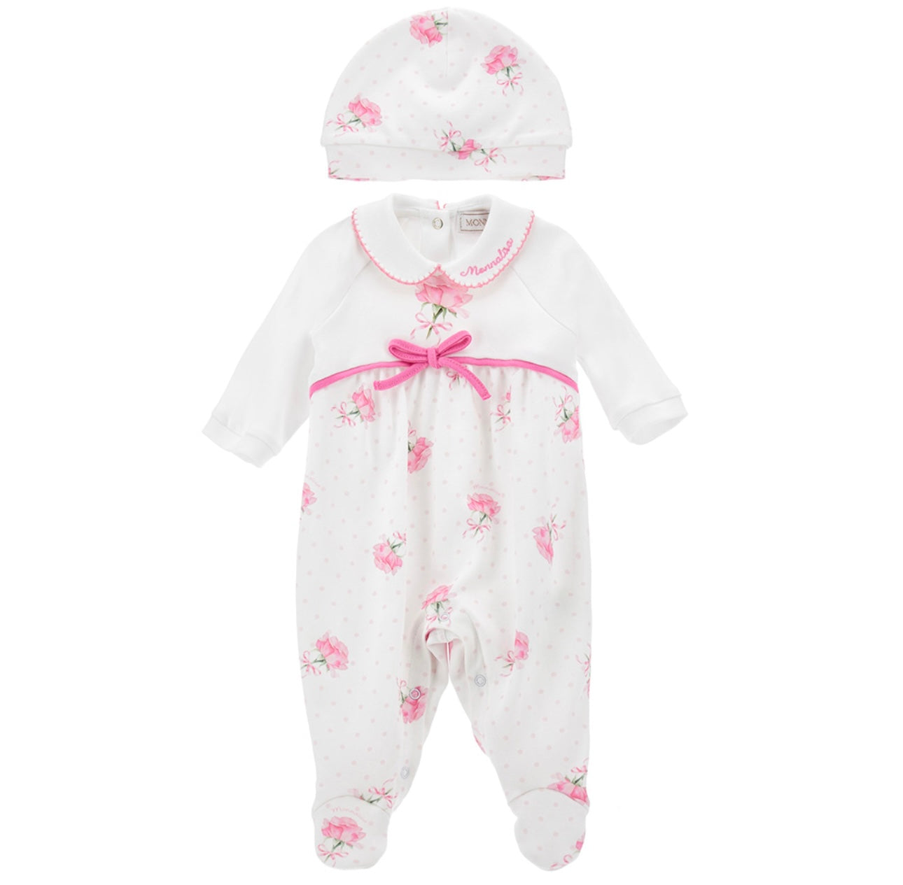 Monnalisa white & pink roses babygrow and hat set
