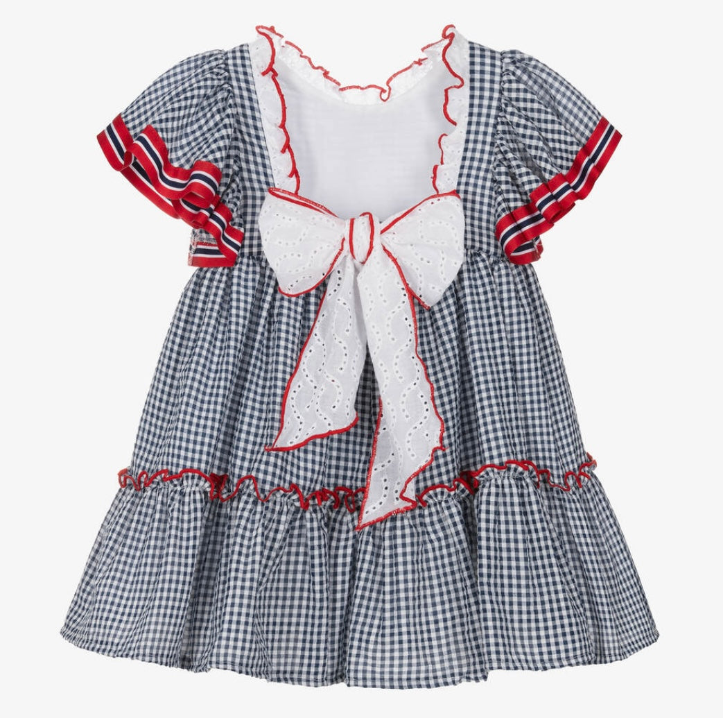 Foque girls navy and red gingham dress