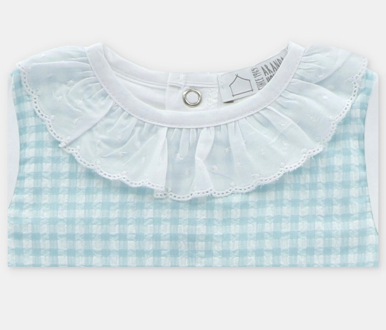 Martin Aranda aqua blue gingham and white frilled babygrow