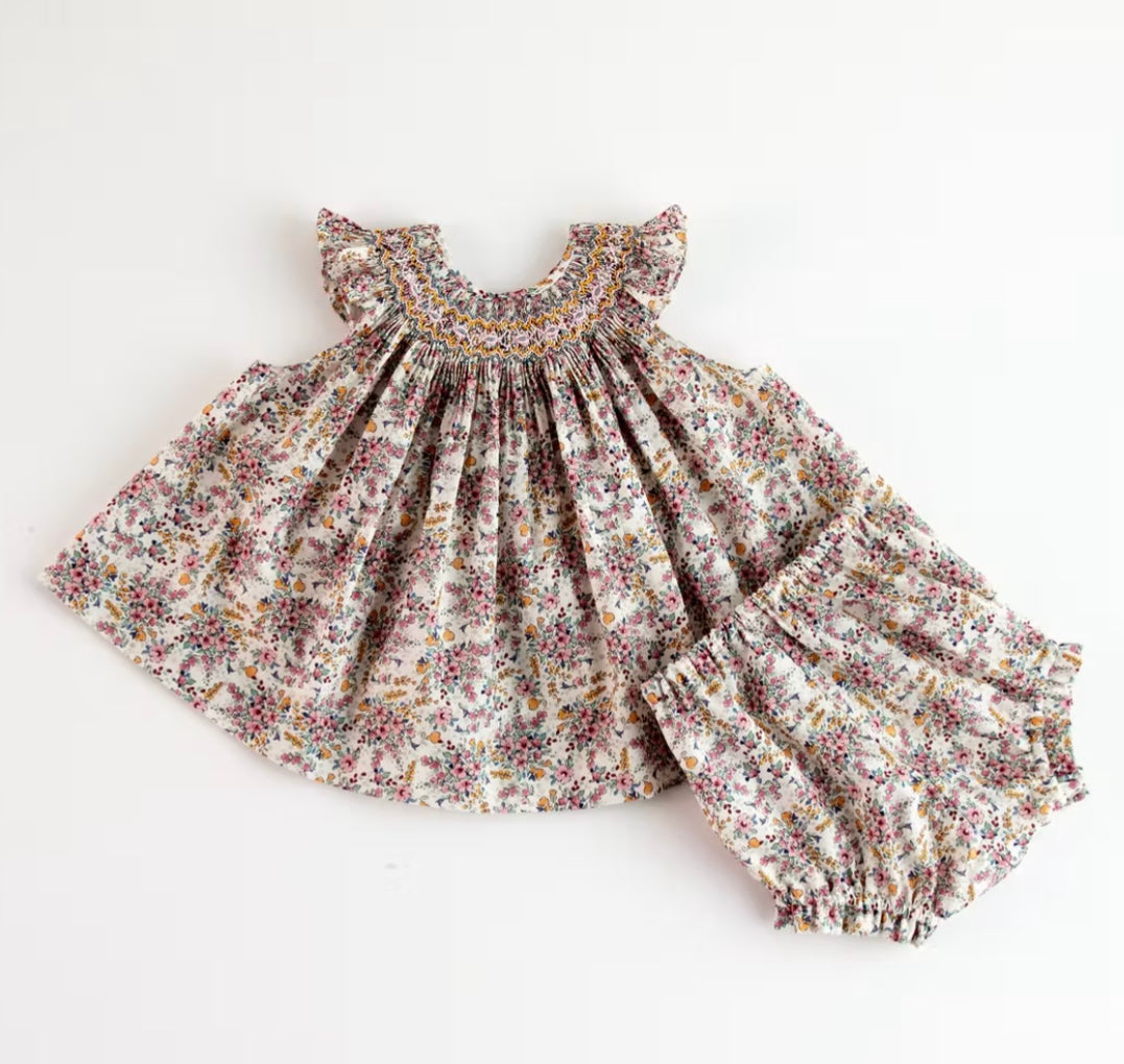 Belan couture plum liberty print smocked dress & pant set