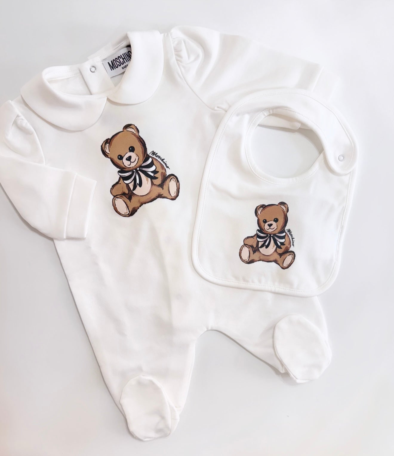 Moschino ivory teddy bear babygrow & bib set