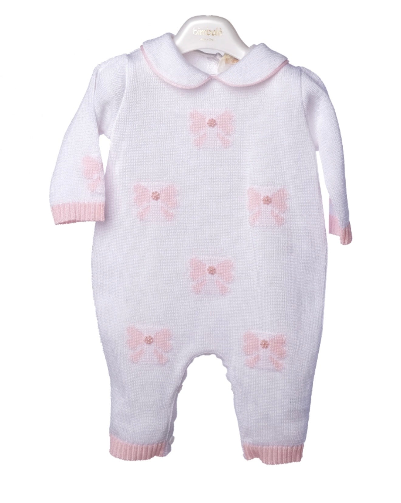 Bimbalo white & pink pearly bow knit babygrow