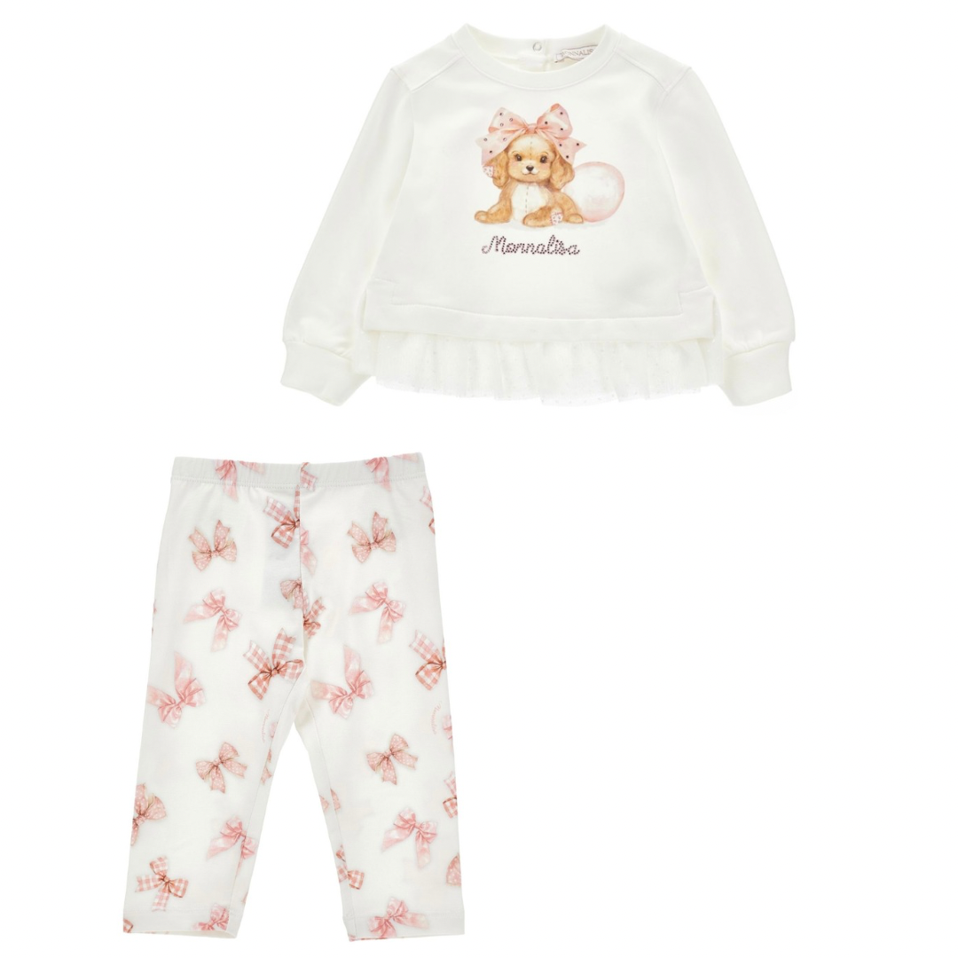 monnalisa pink & white bow puppy legging set