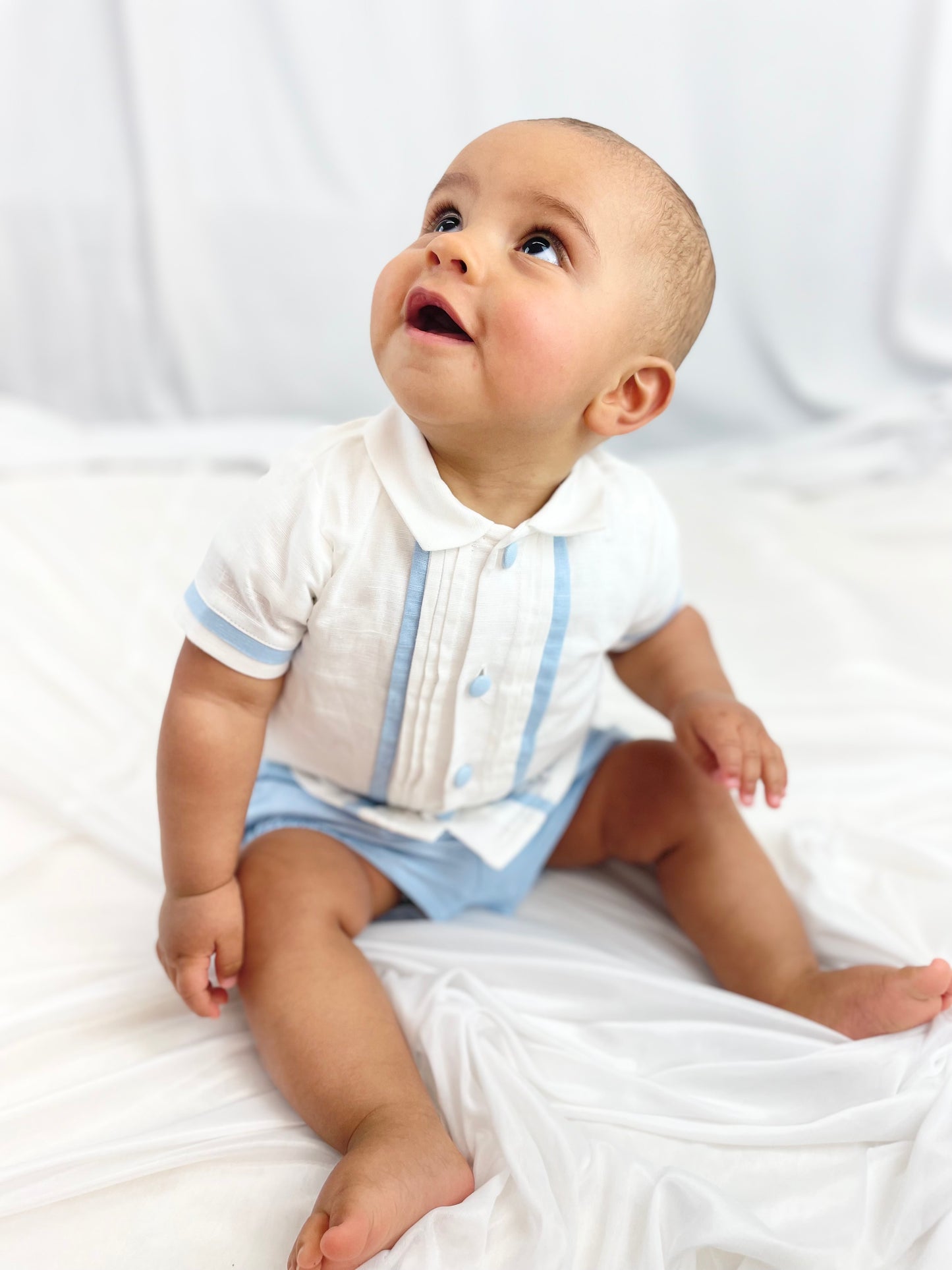 Chic by Deolinda boys white and blue linen shirt & short set