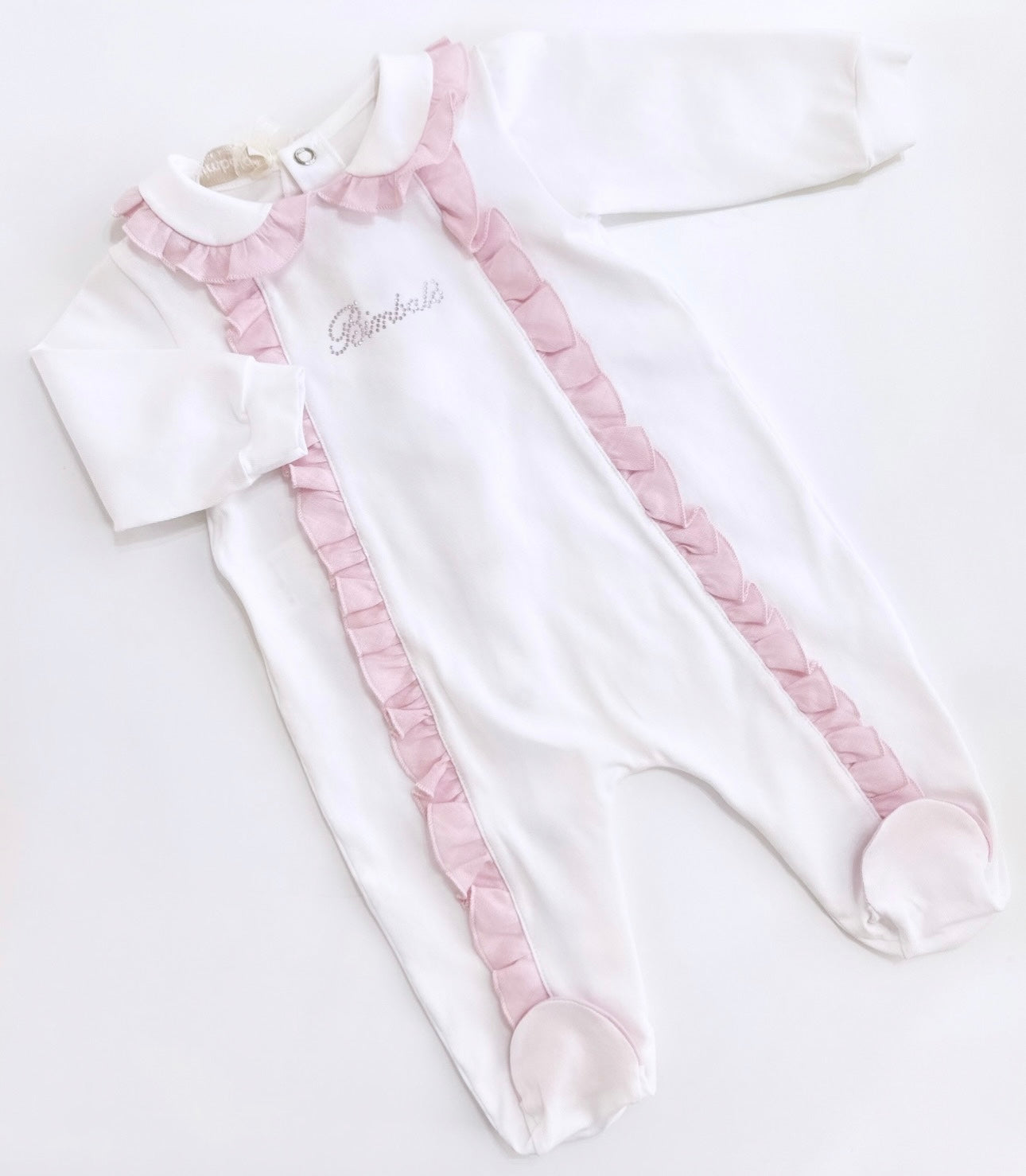 Bimbalo white cotton babygrow with pink frill detailing