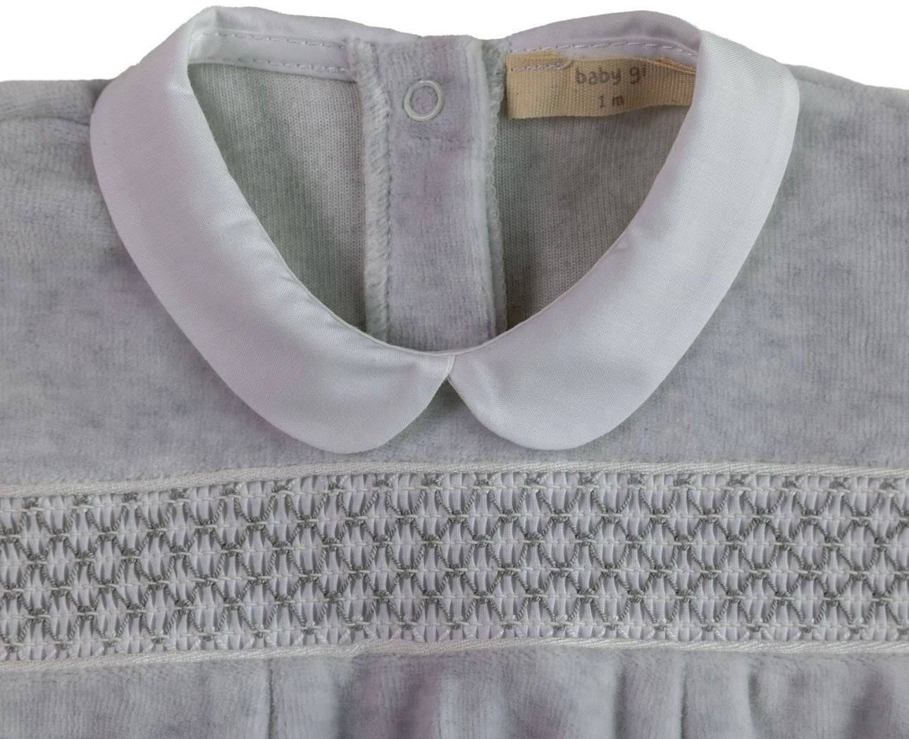 Baby Gi grey velour smocked baby grow