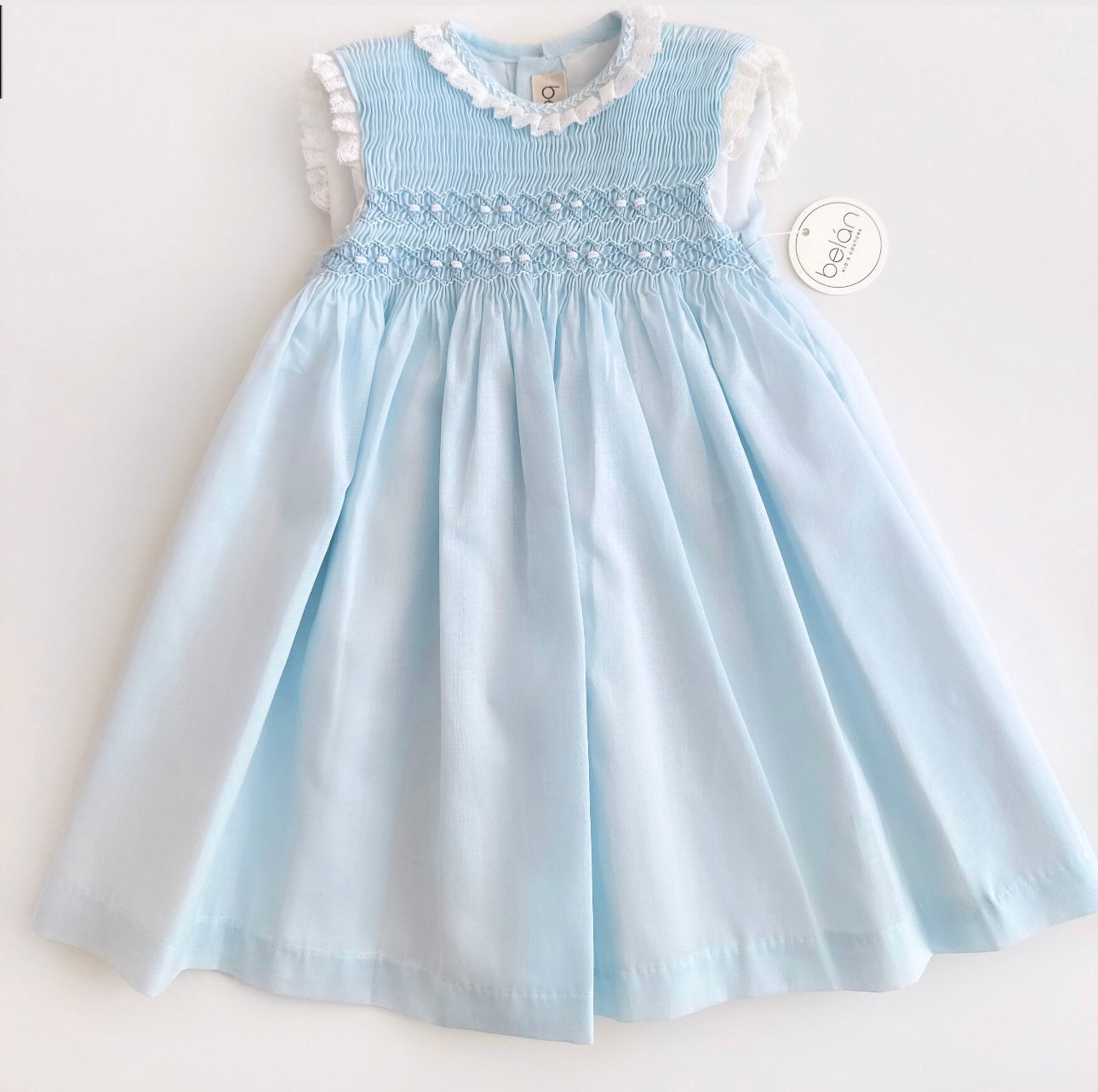 Belan couture blue cotton & lace smocked dress