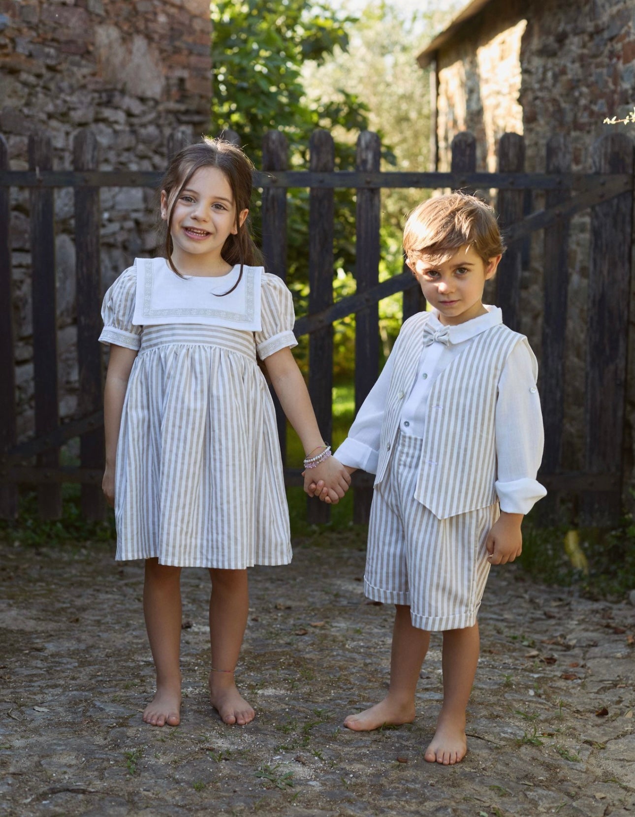 Deolinda girls beige & white stripe sailor dress