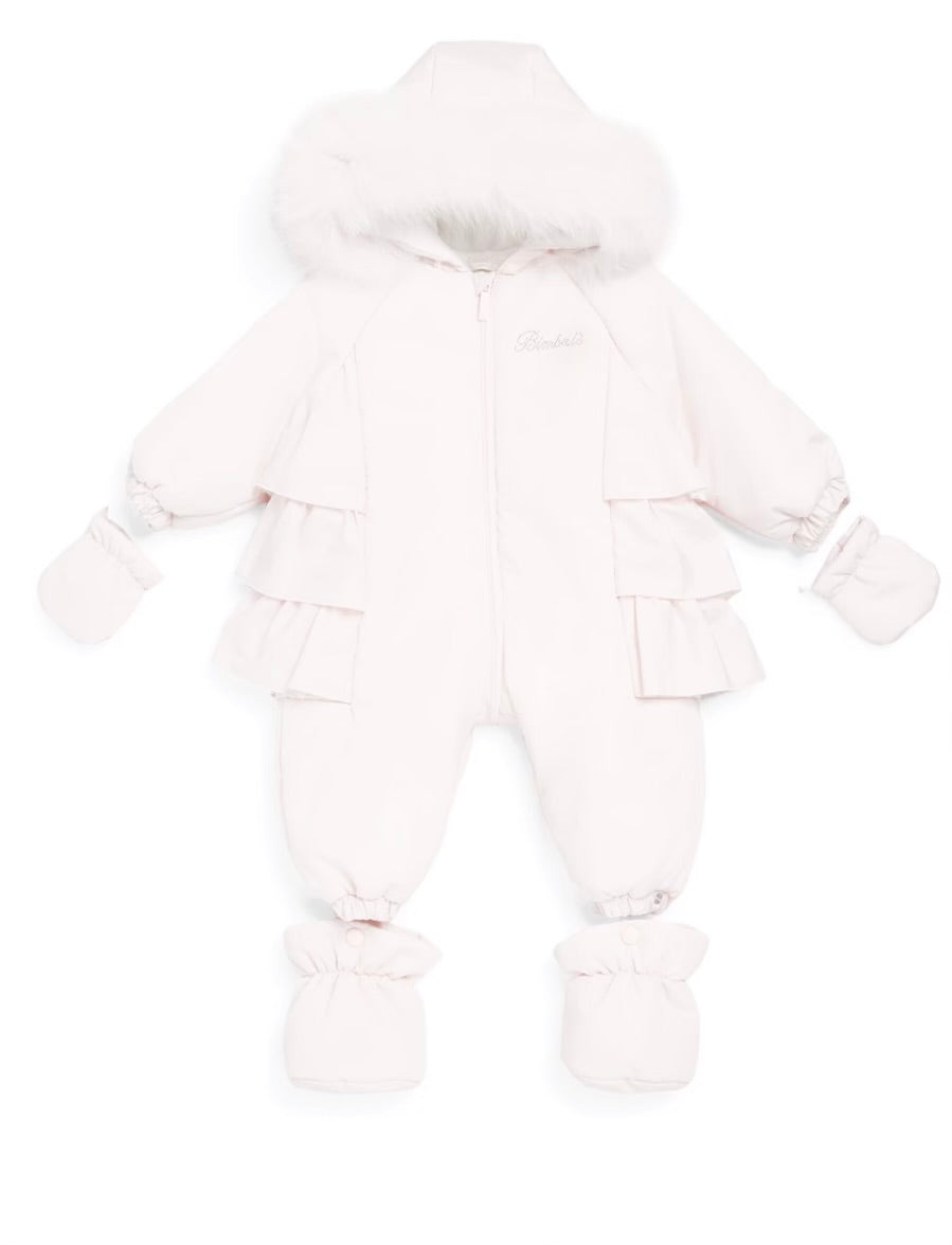 Bimbalo white frilled fur hood snowsuit