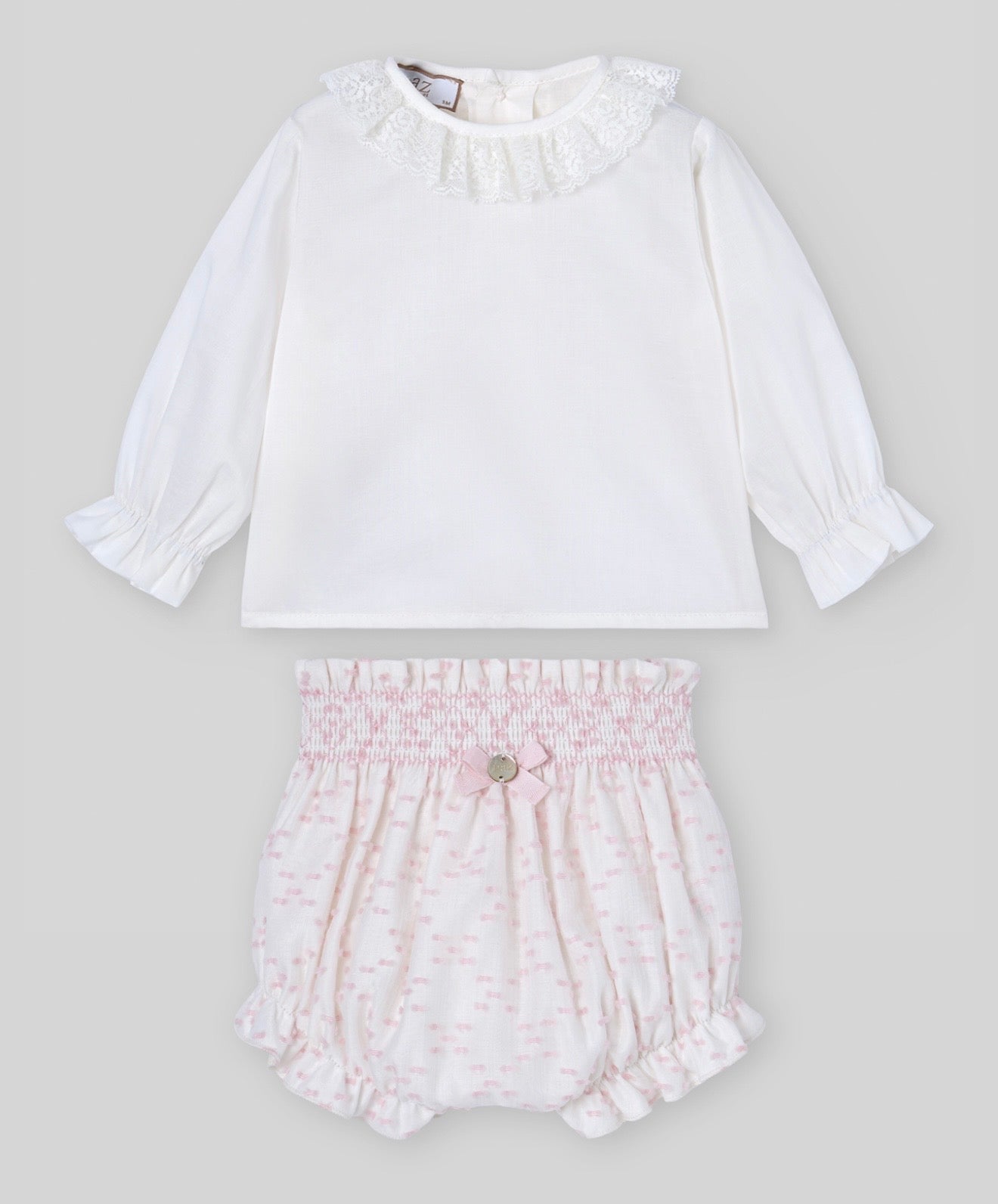 Paz Rodriguez baby pink & white smocked pant set