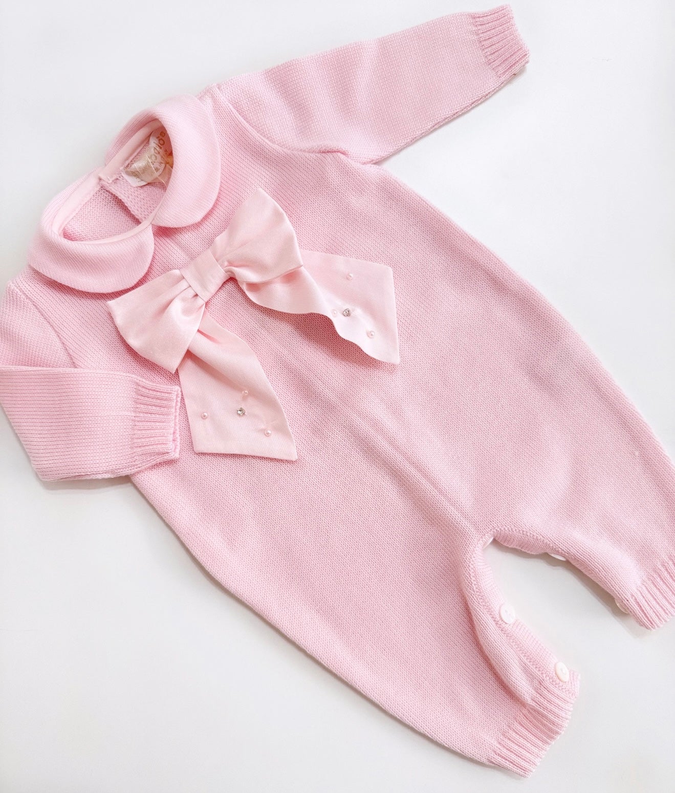 Bimbalo baby girls pink wool knit bow babygrow