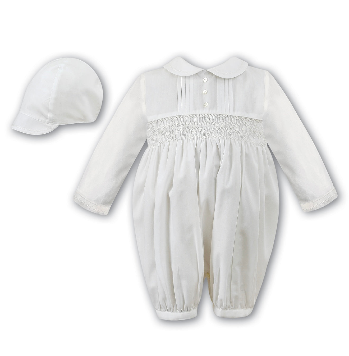 Sarah Louise white smocked suit & hat set