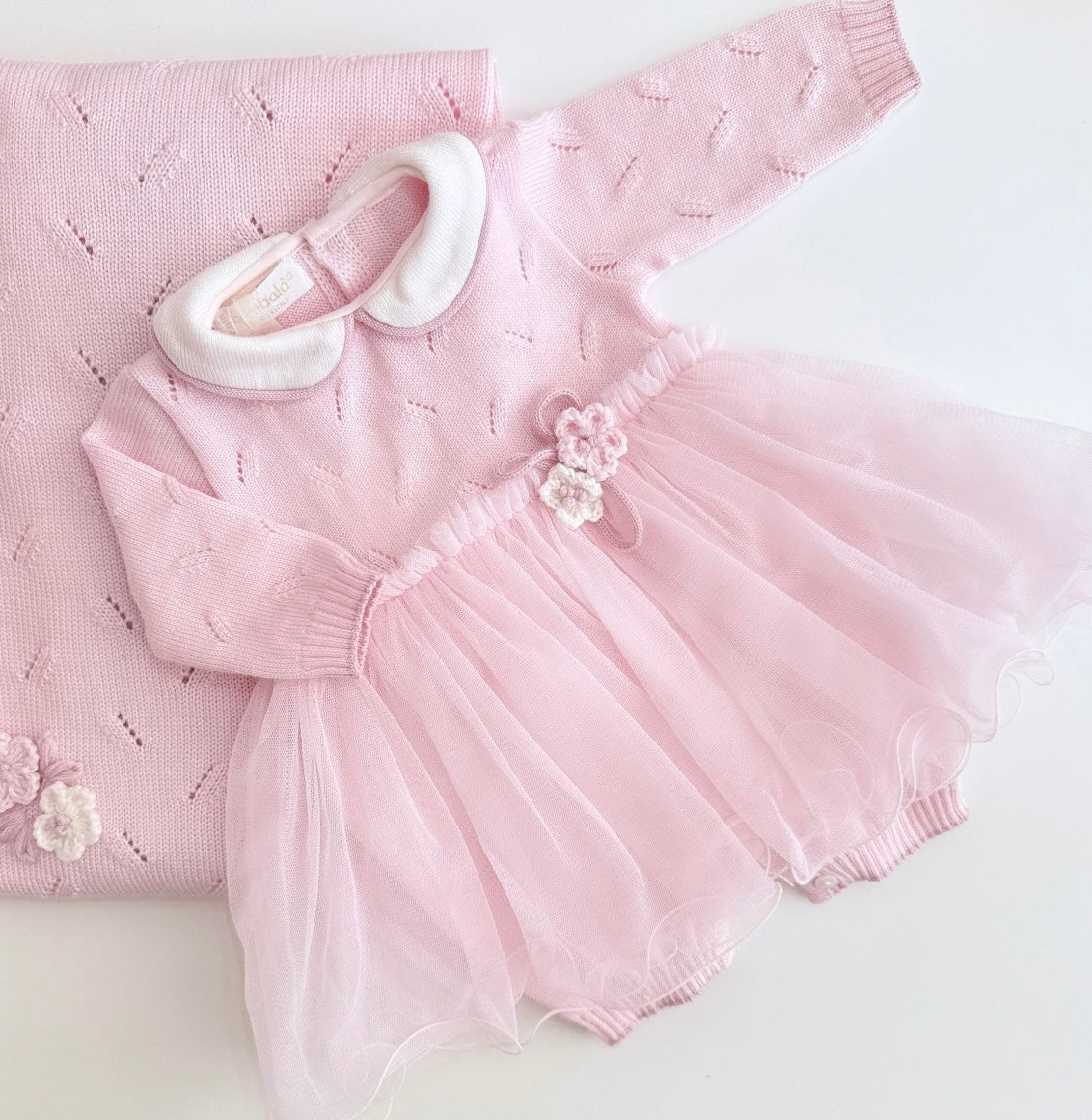 Bimbalo pink knit floral tulle romper