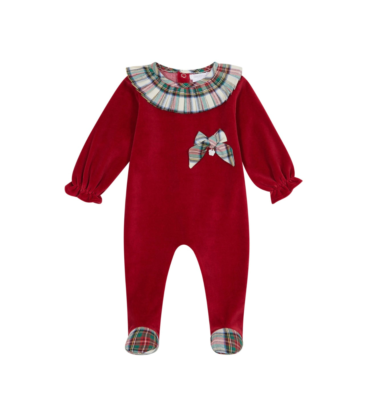 Deolinda red velour tartan frilled baby grow