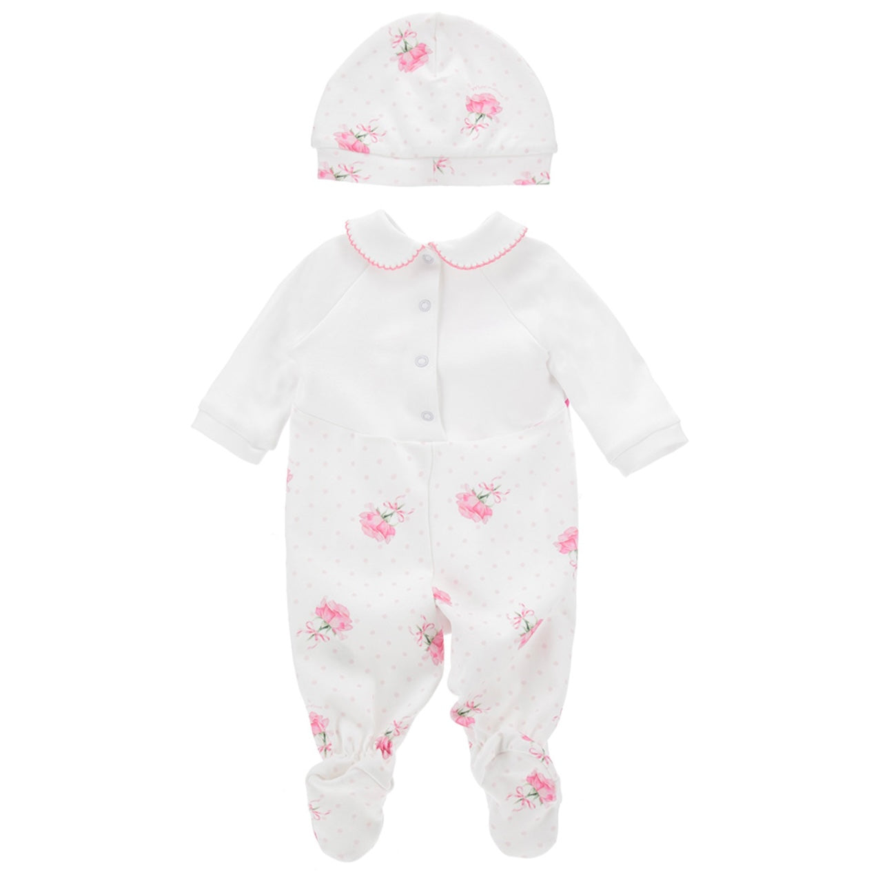 Monnalisa white & pink roses babygrow and hat set