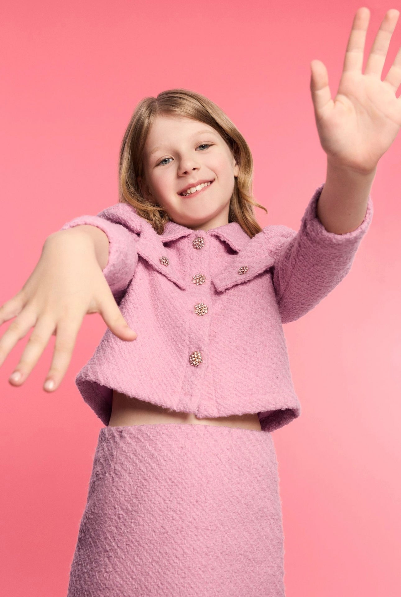 BCBG girls pink tweed jacket & skirt set