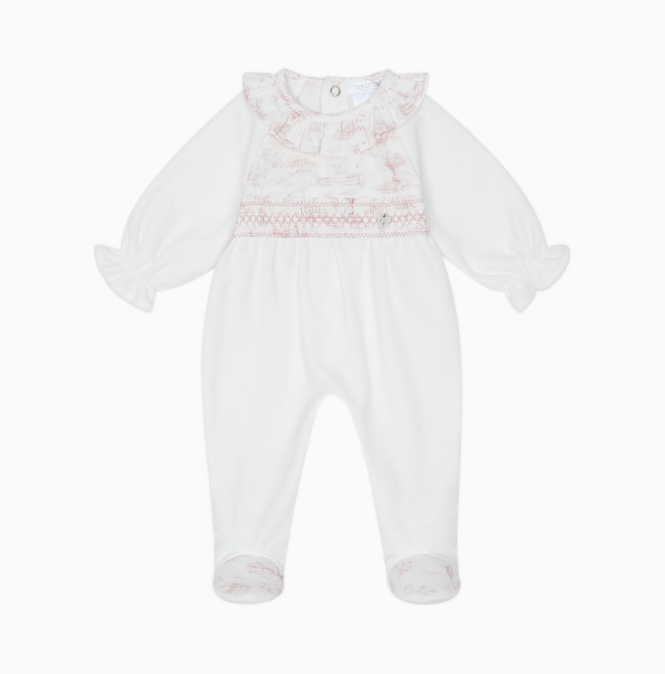 Deolinda pink toile print smocked babygrow