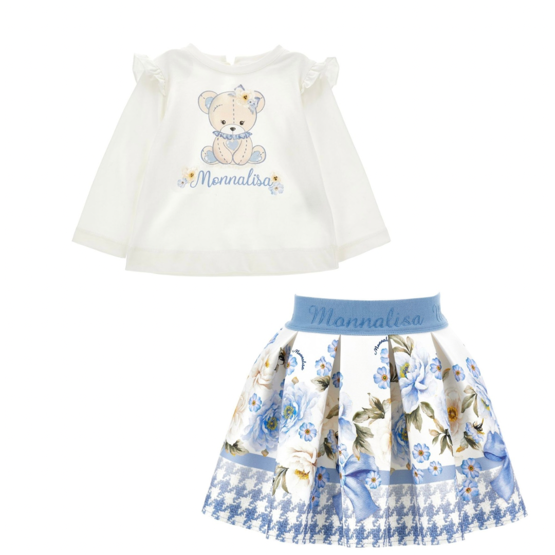 PRE ORDER - Monnalisa blue floral teddy skirt set