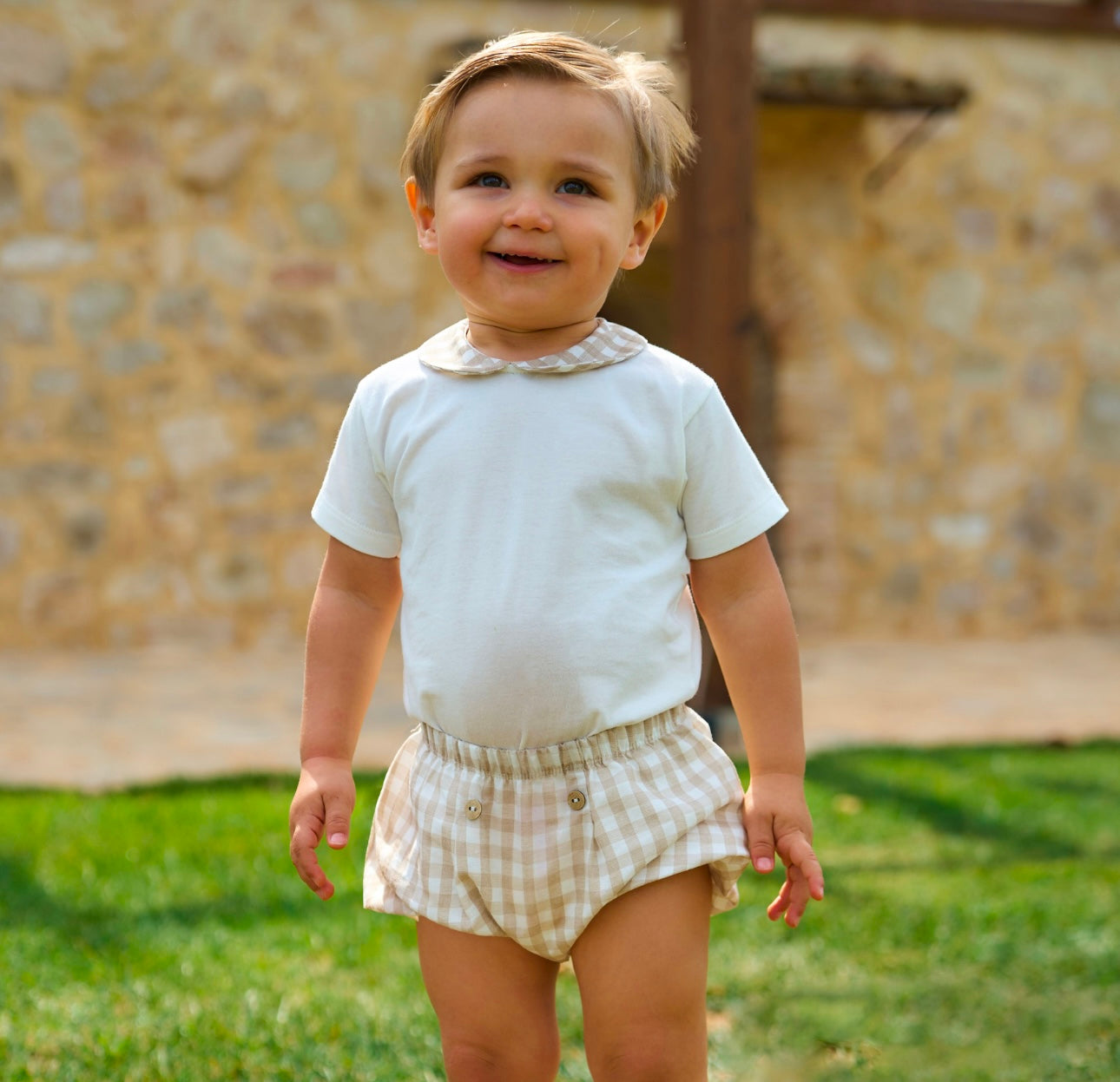 Rapife beige & white gingham jam pant and body set