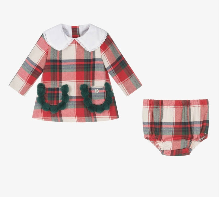 Foque girls red tartan Pom Pom dress & pant set