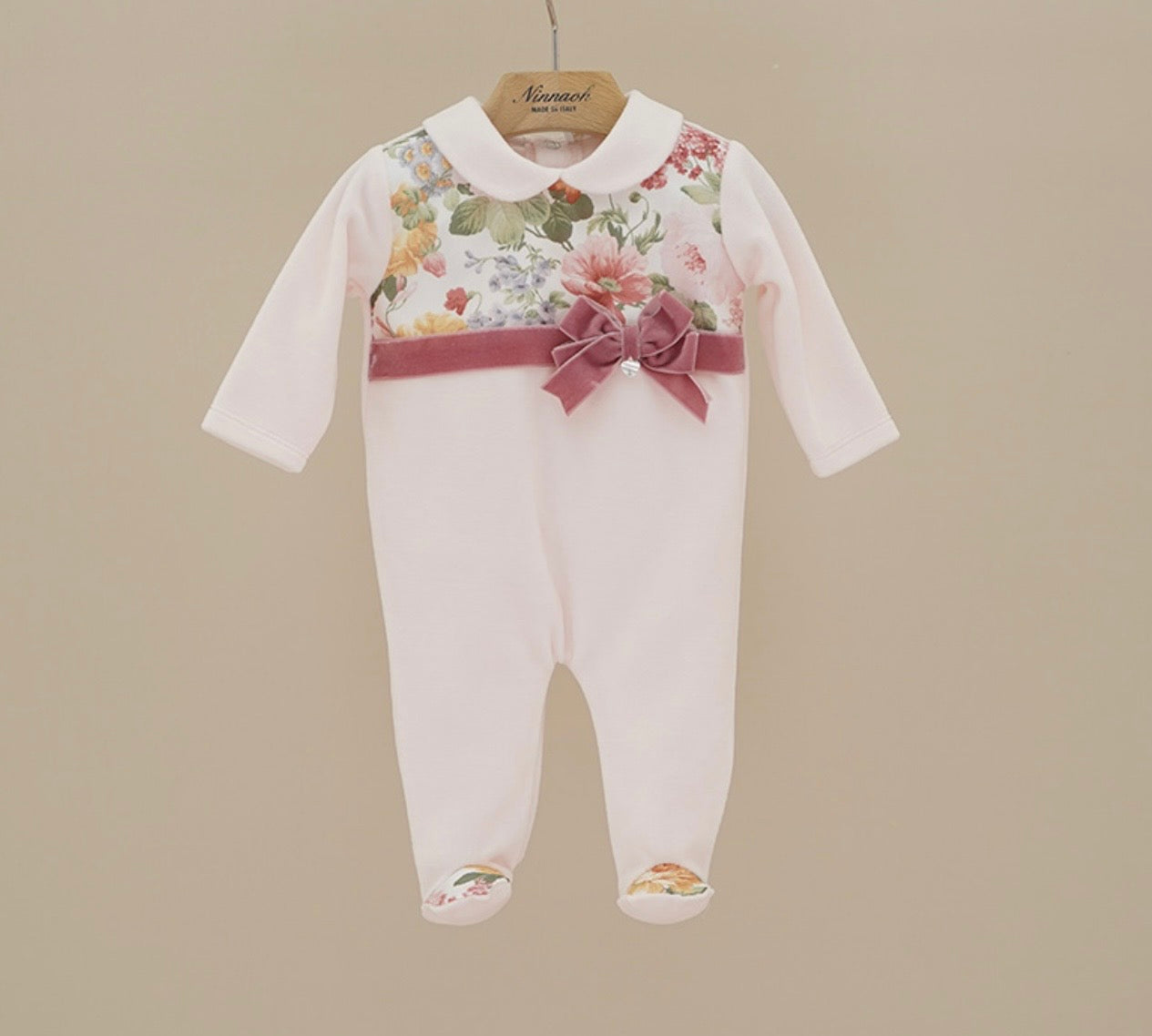 PRE ORDER - Ninnaoh pink multi roses velour babygrow