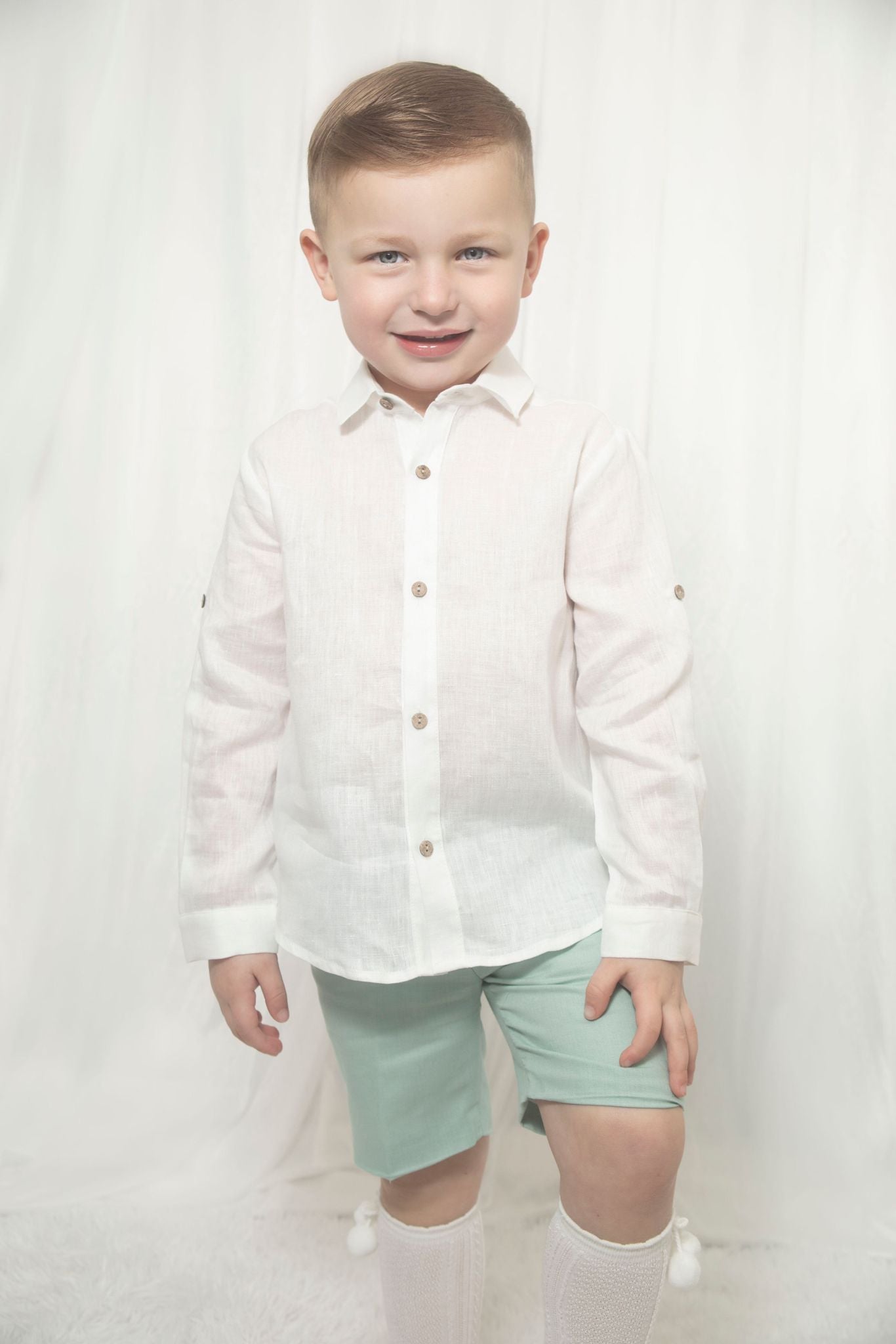 Martin Aranda white linen shirt & aqua blue short set
