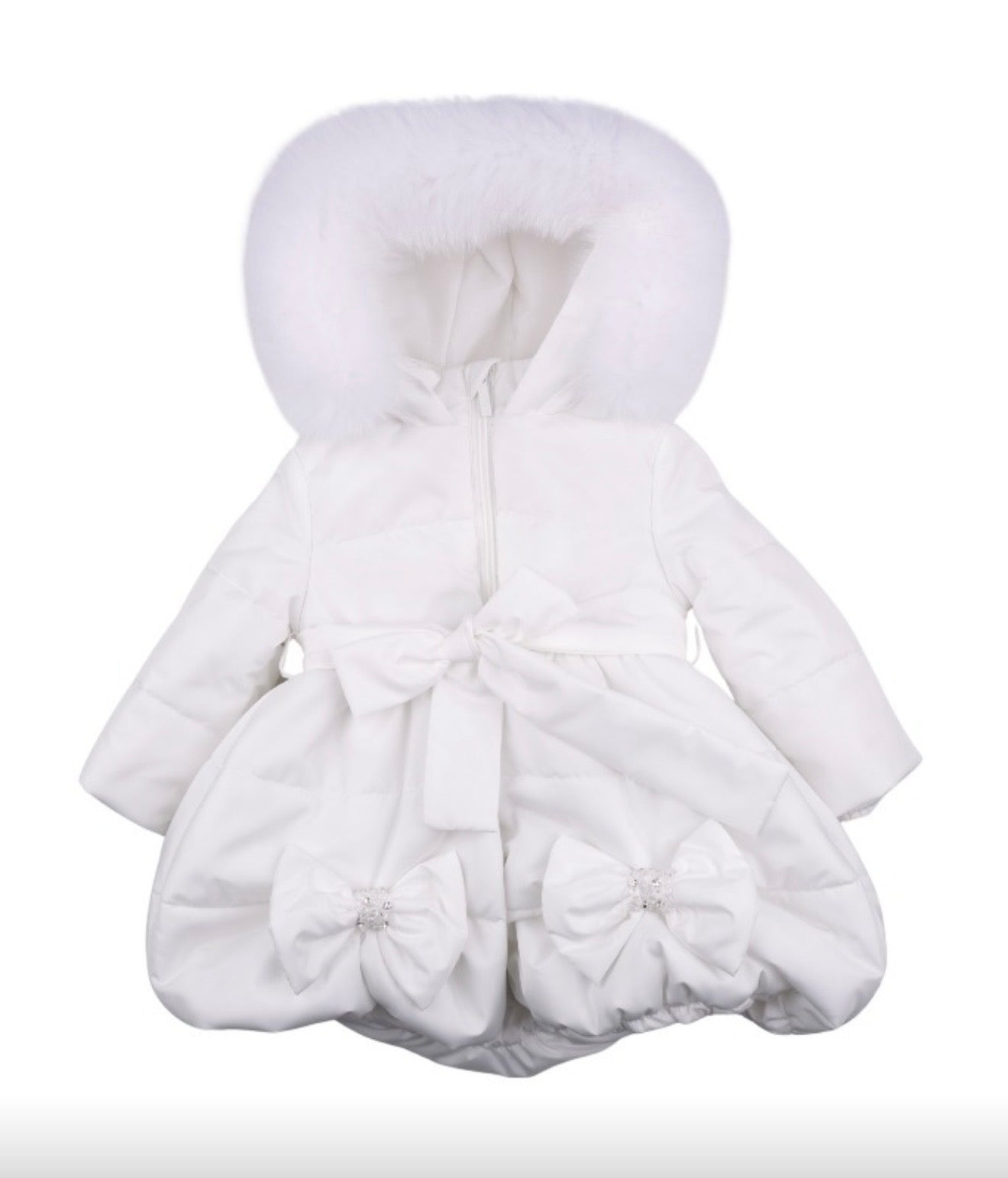 PRE ORDER - Bimbalo white bow diamanté fur hood puffer