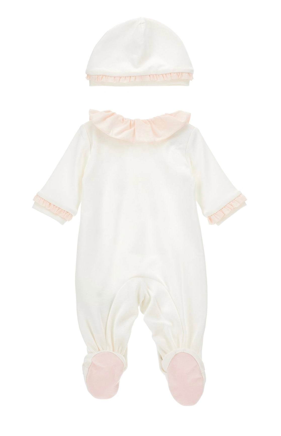Monnalisa pink & white bow babygrow and hat set