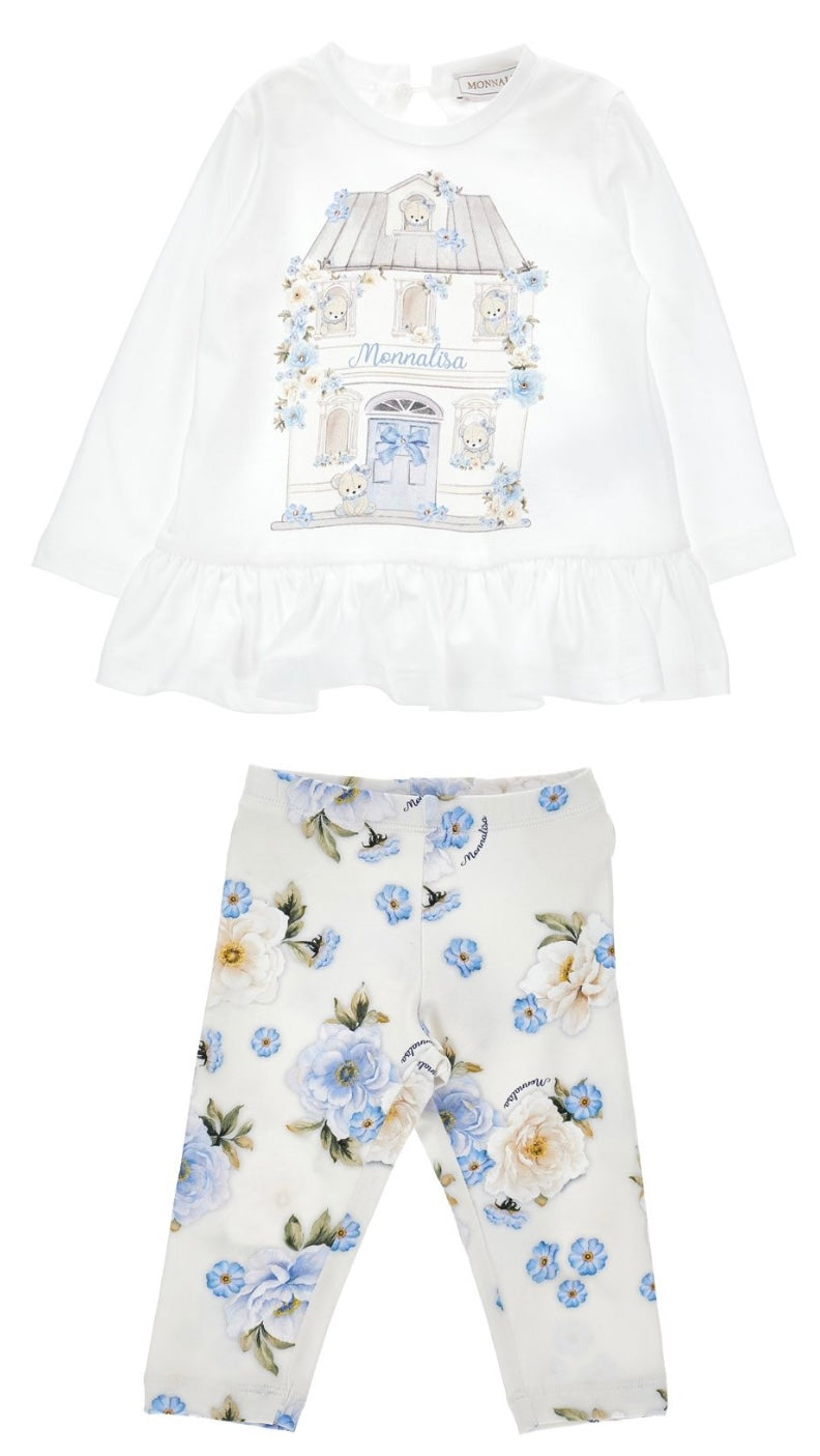 PRE ORDER - Monnalisa white & blue floral teddy legging set