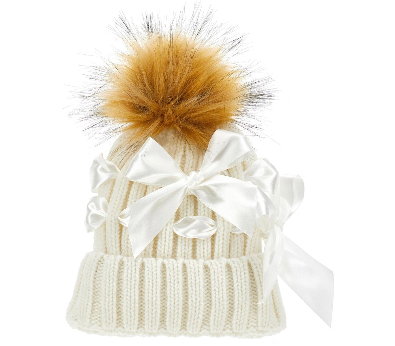 Monnalisa cream knitted bow pom Pom hat
