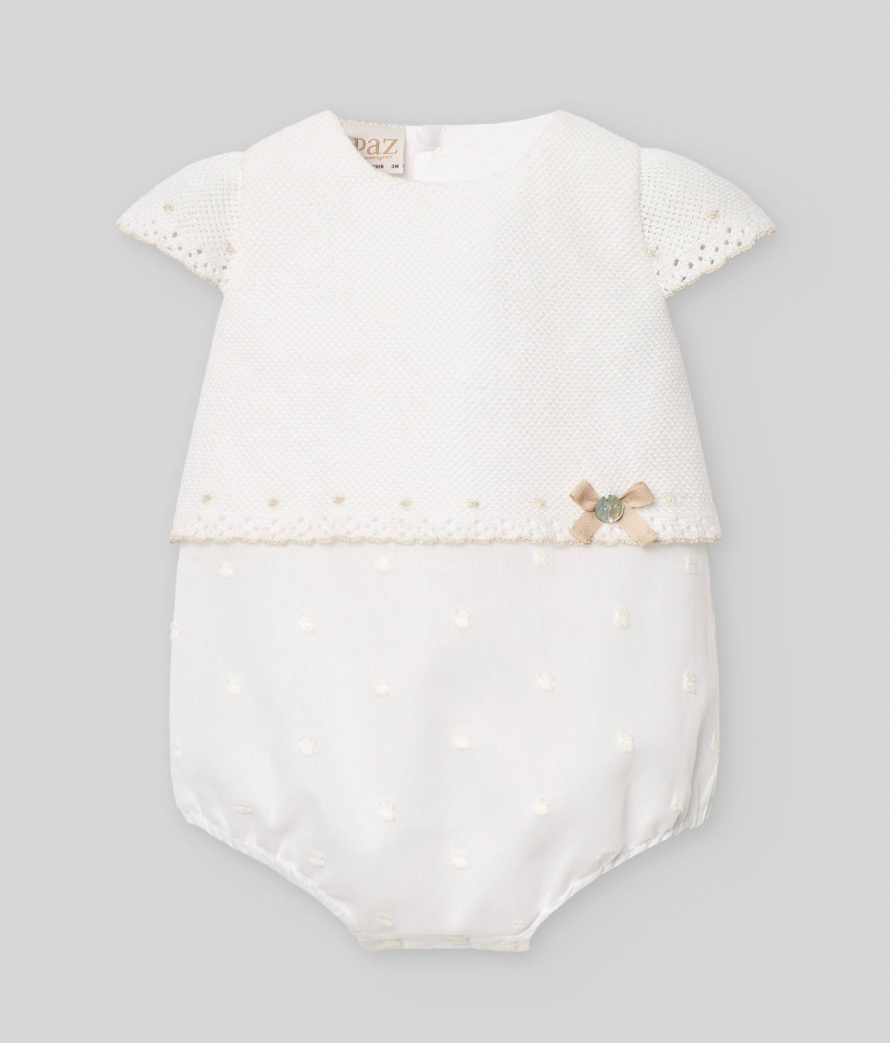 Paz Rodriguez ivory & beige half knit bow romper