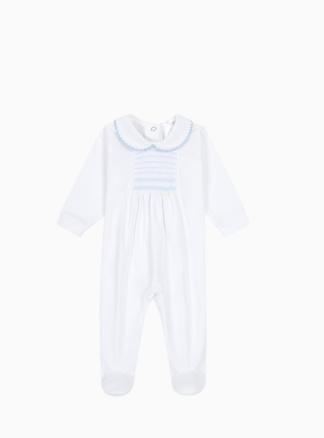 Deolinda white and blue smocked baby grow