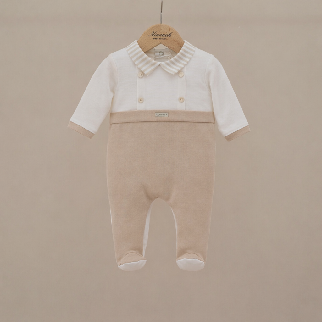 Ninnoah beige stripe collared babygrow