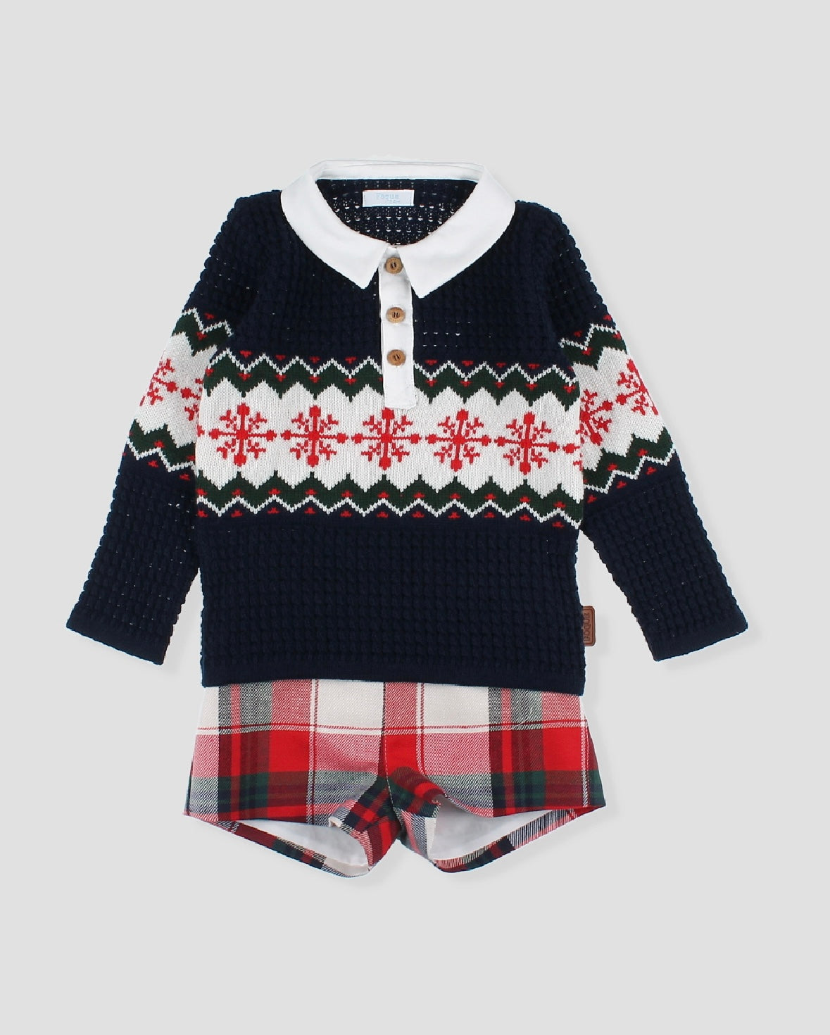 Foque boys navy blue polo top & red tartan short set